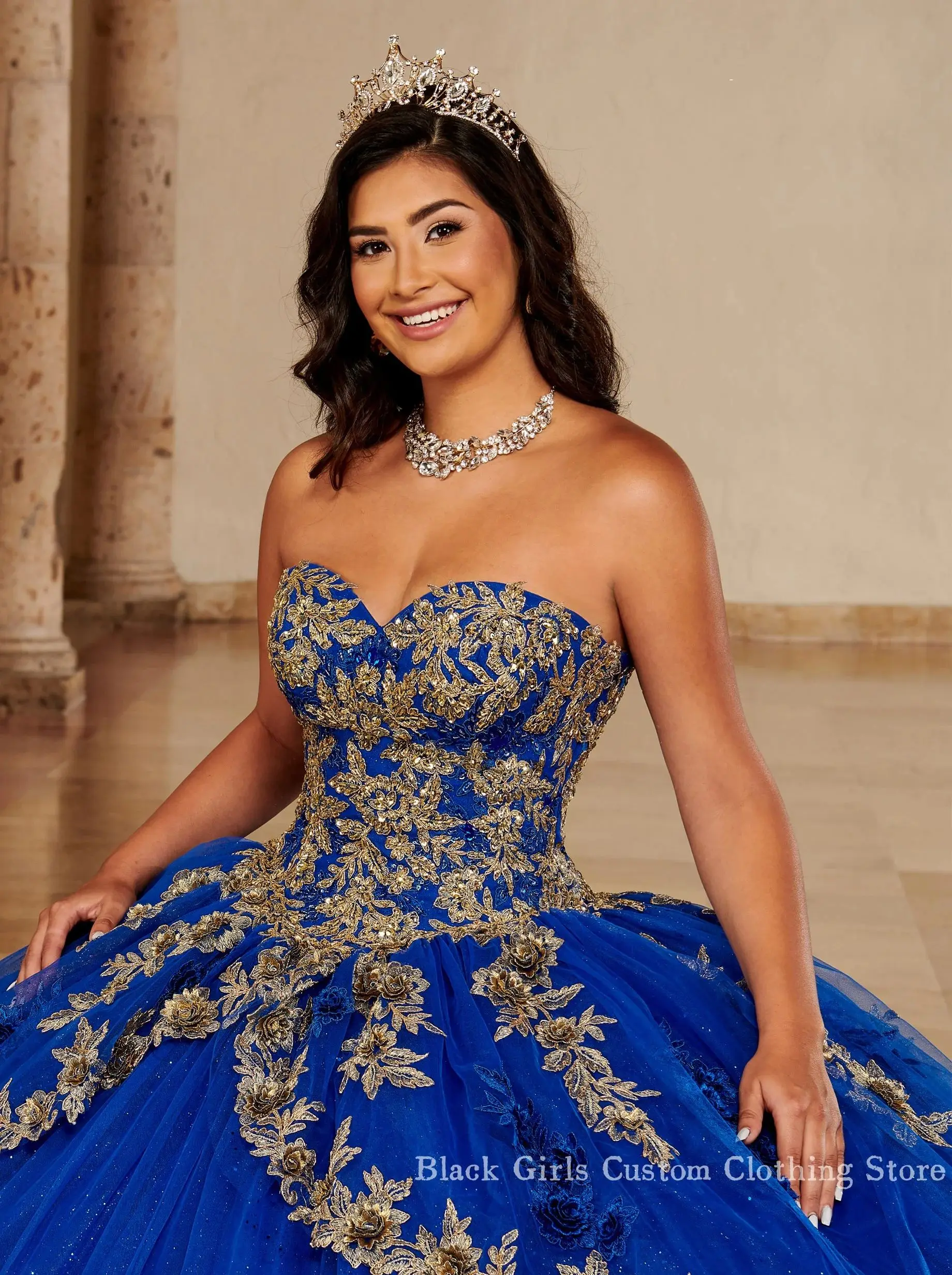 Vestidos Quinceanera Azul Royal, apliqué de renda com xale de tule, vestido de baile México 15 anos