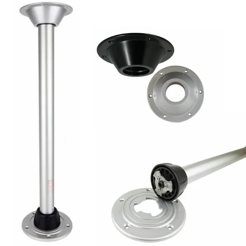 Adjustable aluminum alloy laptop table leg holder with rotating base for RVs and trailers.