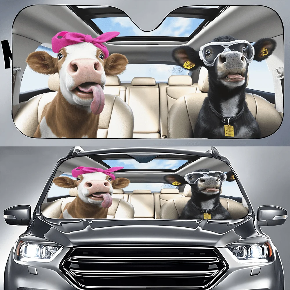 Couple Of Cows In Car | Auto Sunshades, Front Window Sun Cover For Car, Durable Polyamide Visor, Universally Applicable, Car Gif