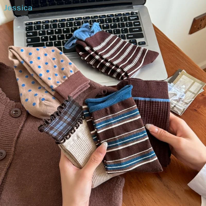 

♥Autumn Winter Retro Striped Socks for Women,Korean Ins Style Coffee Color Block Mid-Calf Socks, New Pure Cotton Socks
