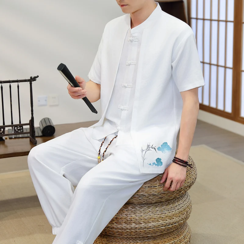 Chinese style Shirts +pants 2026 summer Sportswear Men's Casual false two-piece Sets spring Male Fashion men casual shirts