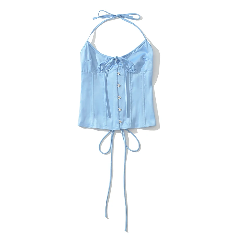

YENKYE 2026 Summer Light Blue Satin Halter Corset Top Women Lace Up Bandage Back Backless Sexy Crop Top For Club Party