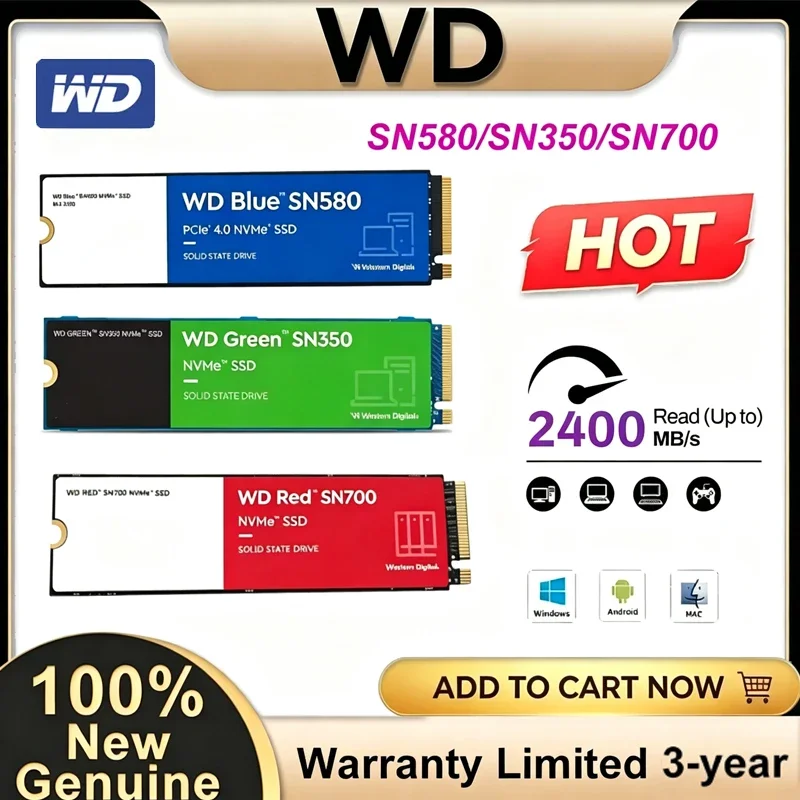 Western Digital WD Blue SN580 Red SN700 Green SN350 NVMe SSD PCIe 3 4 M.2 2280 Internal Hard Drive 1TB 2TB for Laptop Desktop PC