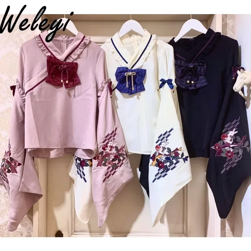 

Super Nice Cutecore Bow Womens Tops Korean Fashion New Camisas De Mujer Detachable Ji Sleeve Machine Embroidery Koszule I Bluzki