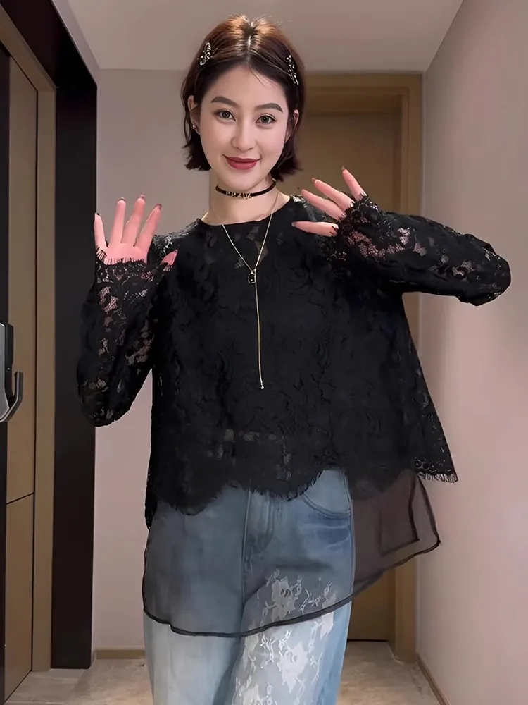 

Новинка 2025: Элегантный корейский топ с вышивкой и кружевом, свободный крой, прямой силуэт, удлиненный рукав