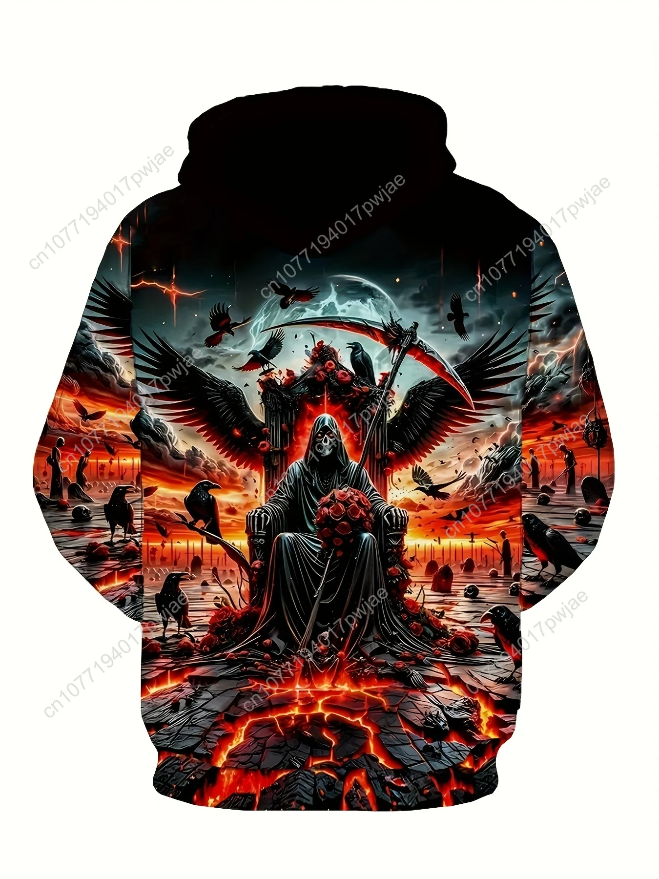 Moletom casual plus size com estampa 3D Grim Reaper – pulôver com bolso canguru, capuz com cordão para outono e inverno