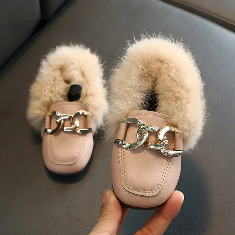 2023 Girls Brand Design Kids Warm Plush Shoes Child Luxury Real Rabbit Fur Mules with Metal Chain and Elastic Band