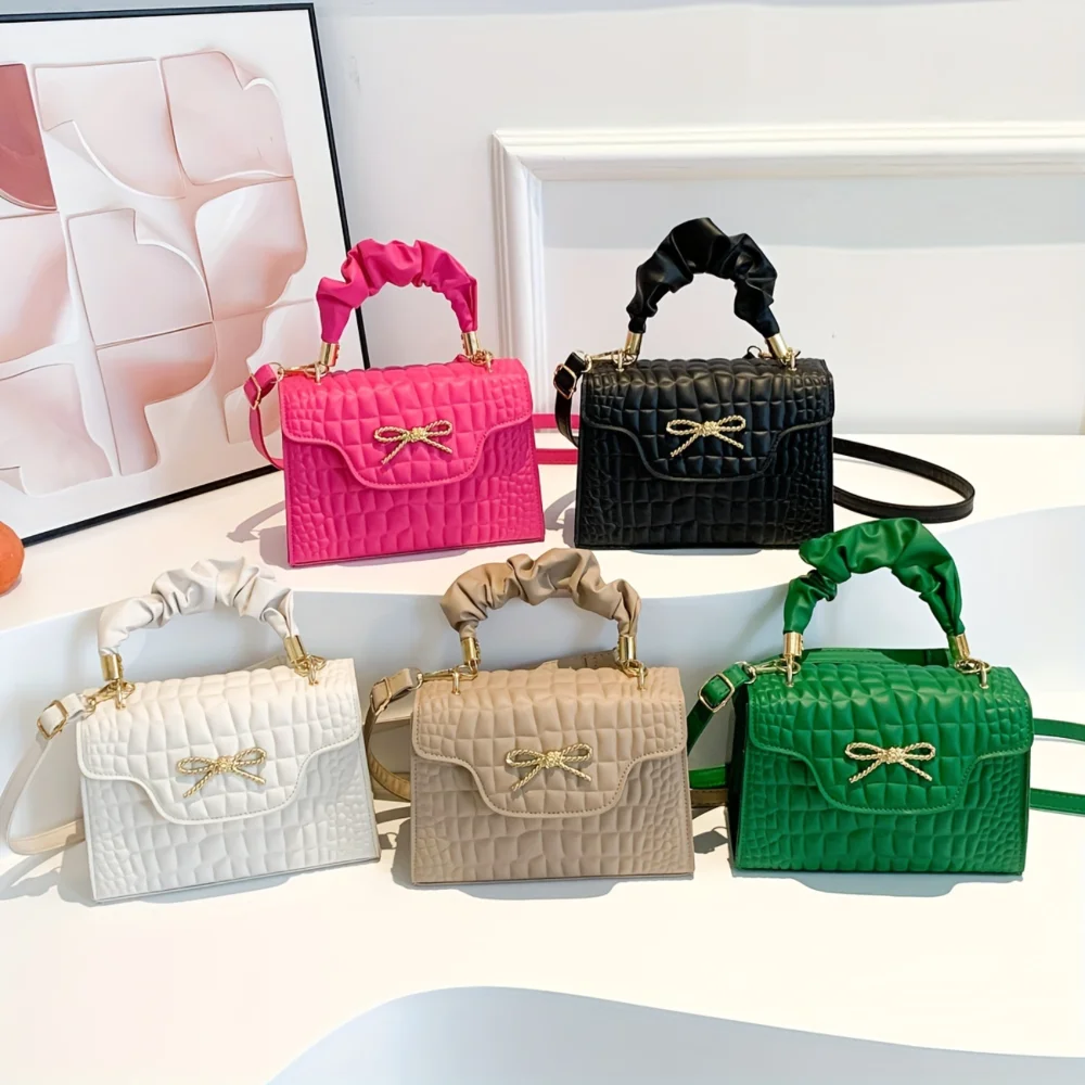 Crocodile Pattern PU Handheld Small Square Bag with Bow Flap - Fashionable Shoulder Crossbody Bag
