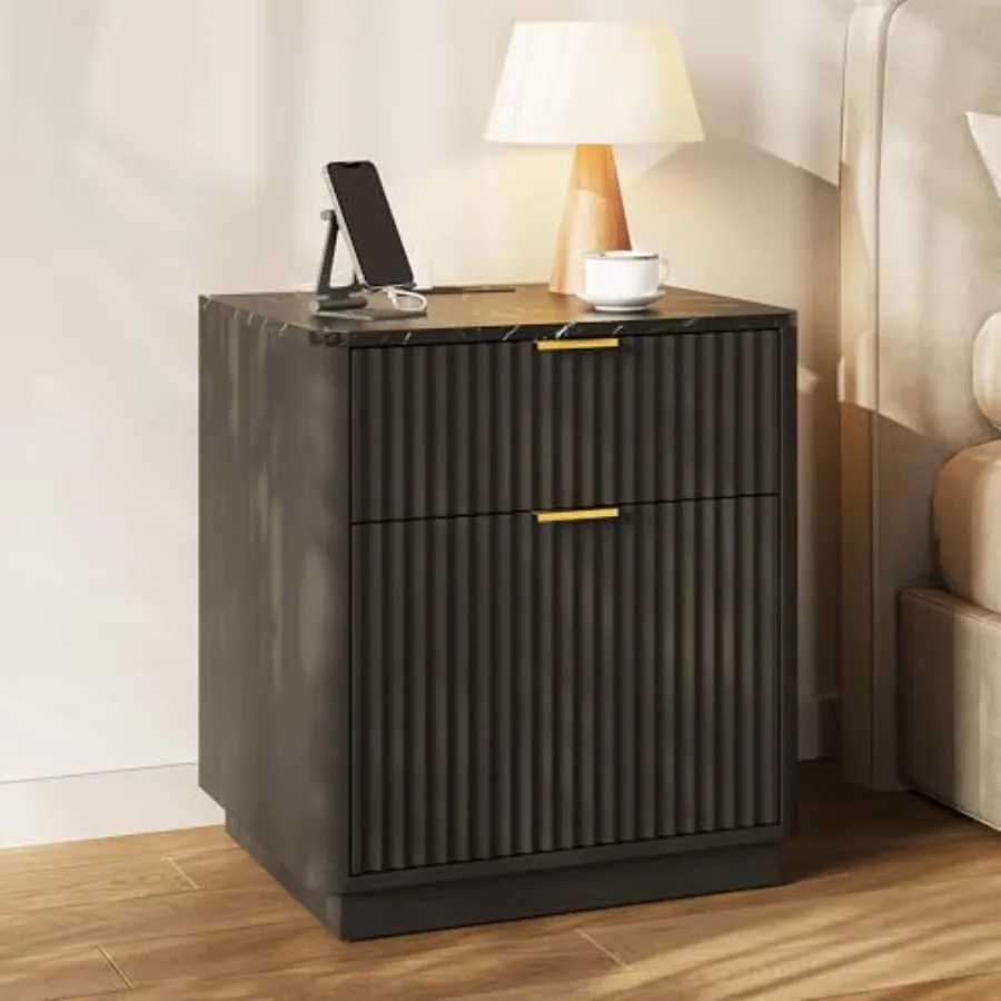 

24 Tall Nightstand with Fluted Design Built-in Charging Station Faux Marble Top Curved Profile 2-Drawer Bedside Table for Bedro