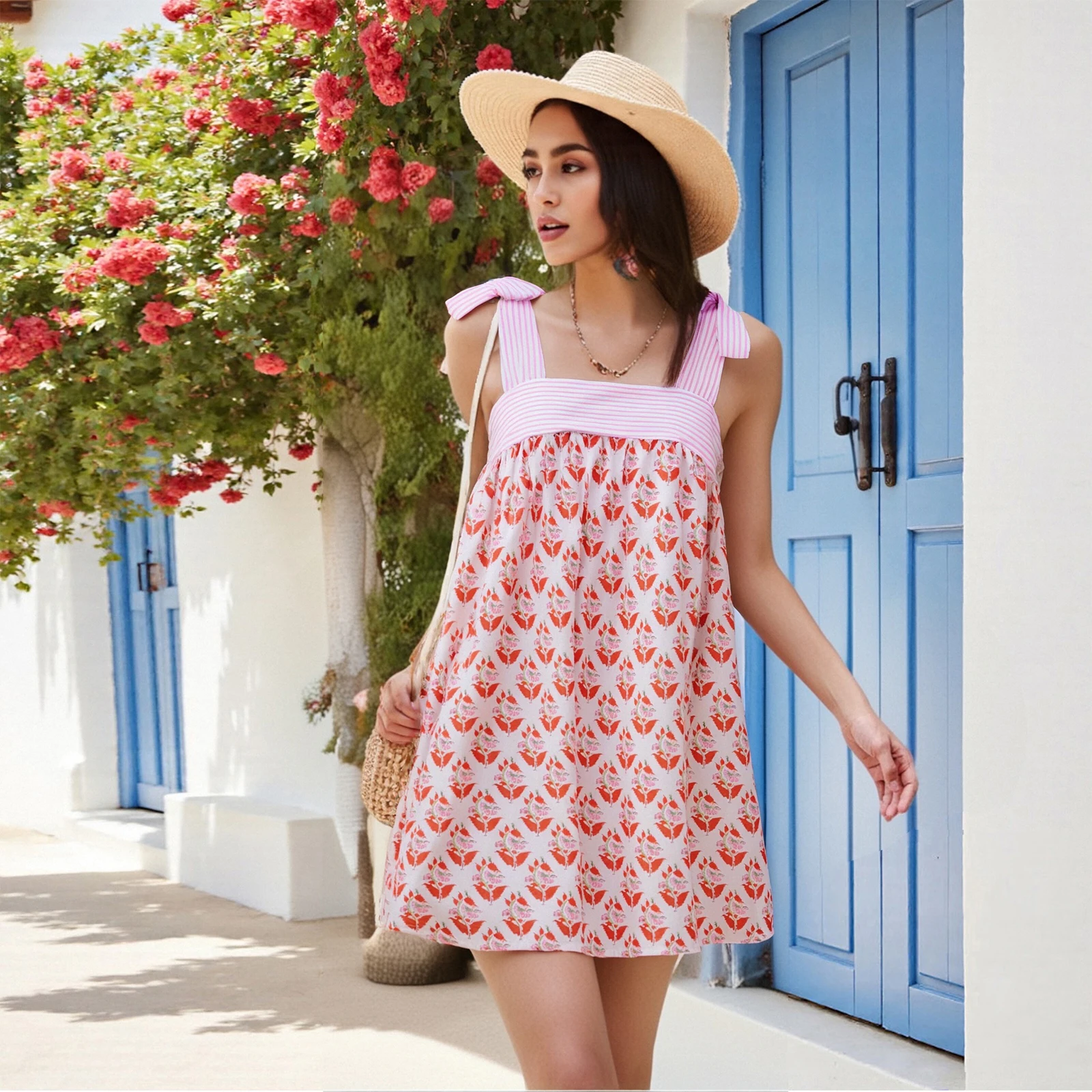 Women Boho Floral Mini Dress Tie Shoulder Babydoll Dress Square Neck Flowy Sundress Summer Holiday Going Out Beach Party Dresses