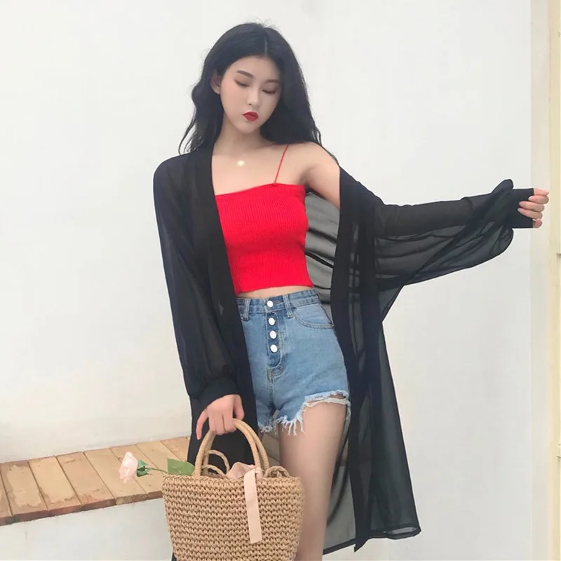 Women\'s Solid Color Loose Fitting Casual Versatile Beach Vacation Style Mid Length Sun Protection Cardigan