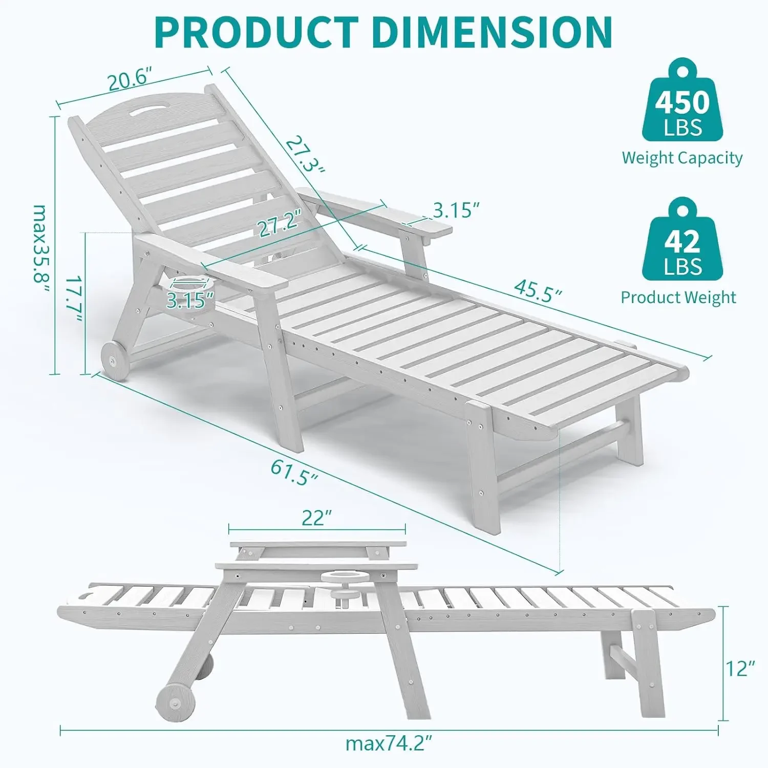 new Oversized Adjustable Outdoor HDPE Chaise Lounge Chair with Rolling Wheels And Cup Holder 5-Position Customizable Patio Furni