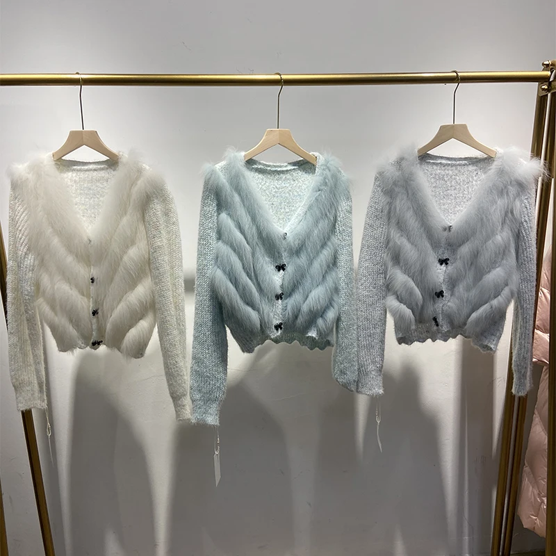 เสื้อสเวตเตอร์ขนสุนัขจิ้งจอกแท้สีน้ำเงินสำหรับผู้หญิง คอลเลคชั่นใหม่ล่าสุด ฤดูใบไม้ผลิ 2025 เสื้อแจ็คเก็ตถักไหมพรมขนสัตว์แท้สำหรับฤดูใบไม้ร่วง