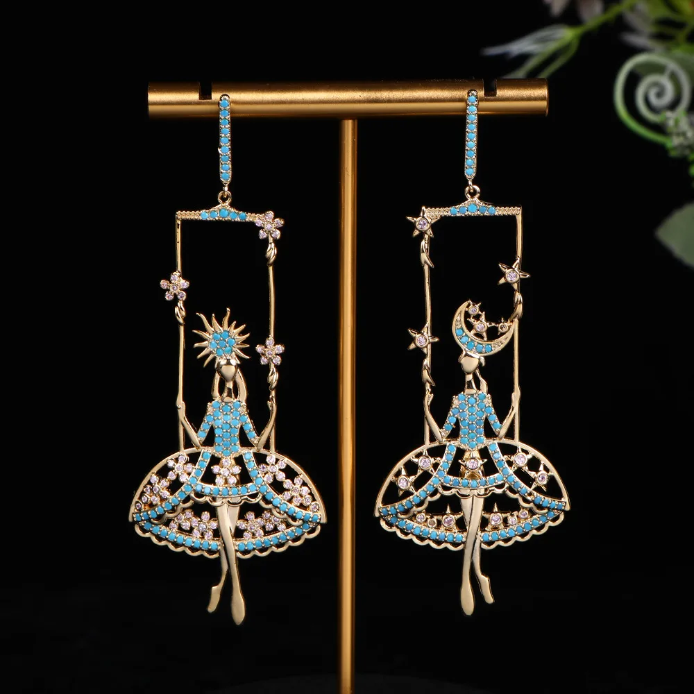 

HIBRIDE High Jewelry Stereoscopic Ballerina Girl Swing Long Earrings for Holiday Prom Party Wedding Gifts Dress Accessories E299