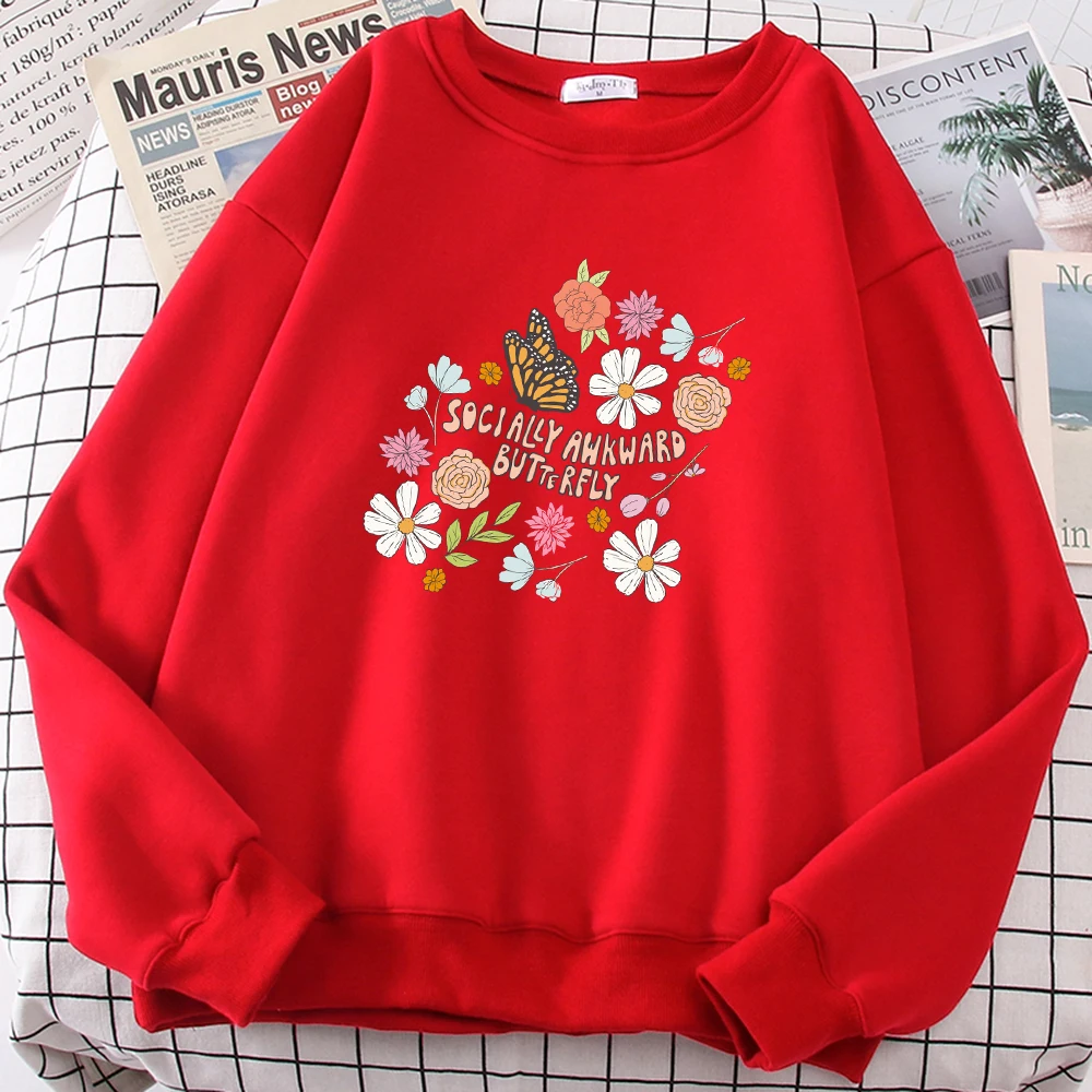

Socially Awkward Butterfly Flowers Print Sweatshirt Women Fleece Fashion Pullover Creative Autumn Sportswear Crewneck Clothing