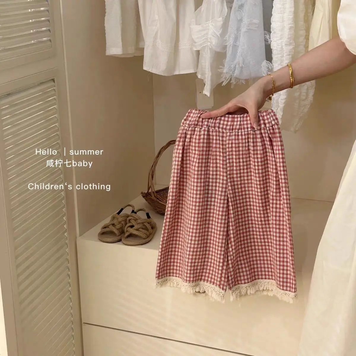 

Girls' summer clothes 2025 thin wide leg pants for baby girls checkered pants children's summer pants children's clothing