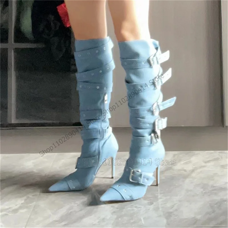 Blue Denim Buckle Decor Pointed Toe Boots Side Zipper Women Shoes Thin High Heels Novel Fashion Party 2023 Zapatos Para Mujere