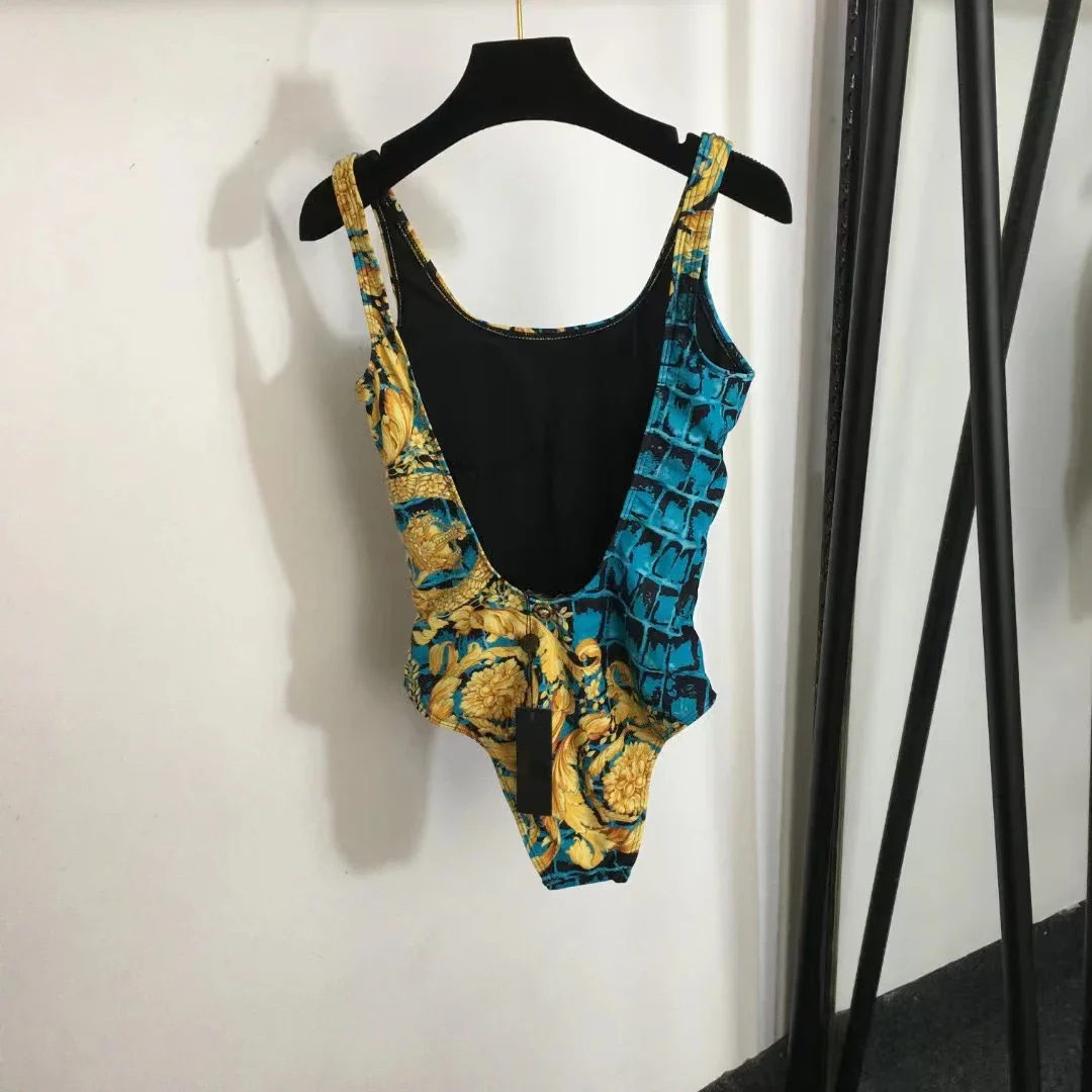 Luxury Design Women's One-piece Swimsuits Crocodile Retro Flower Pattern Sexy Camisole Swimwear Fashion Brand Women's Beachwear