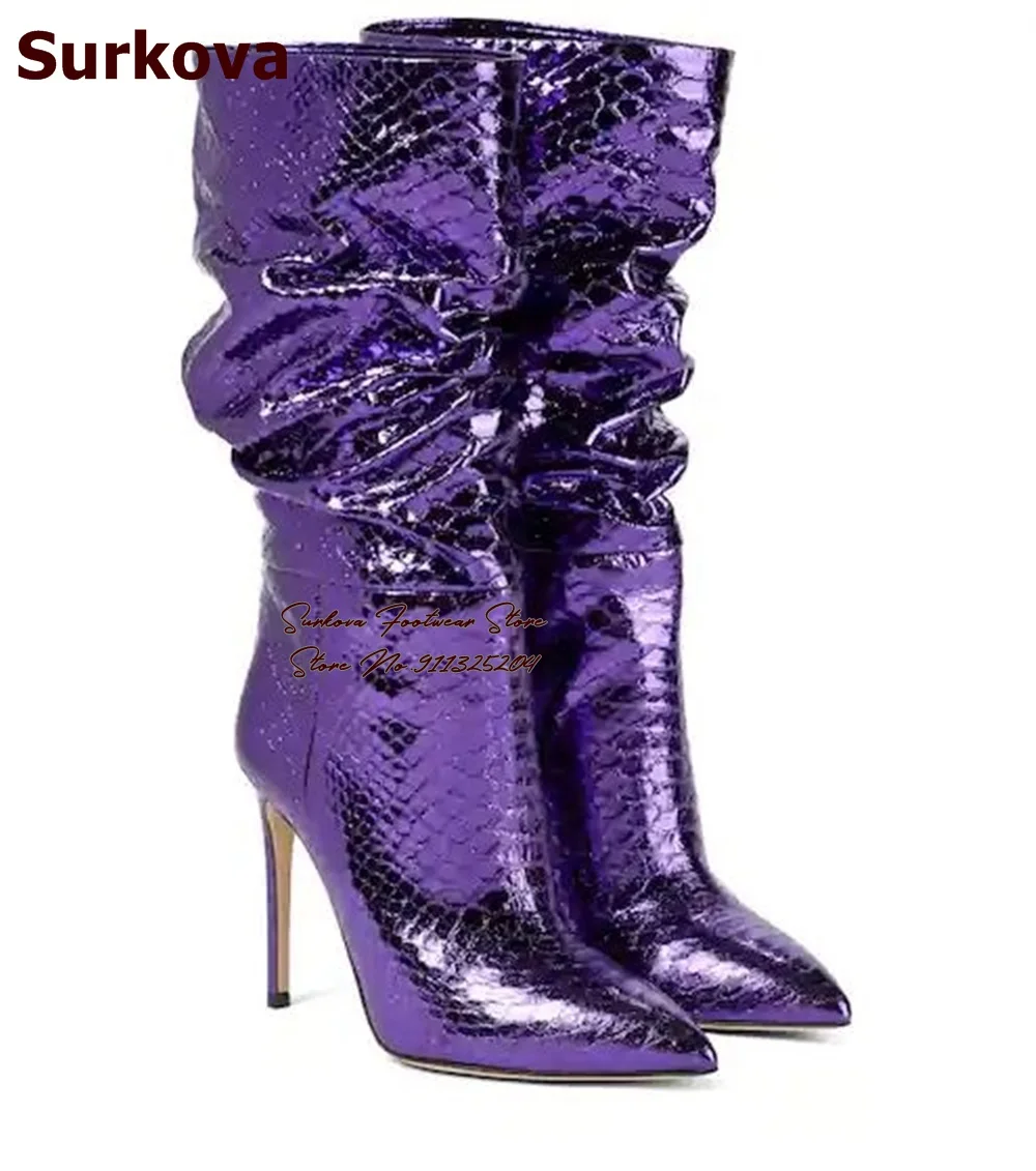 

Surkova Hologram Iridescent Sankeskin Mid-calf Boots Stileeto Heels Pointed Toe Folded Middle Boots Purple Blue Python Shoes