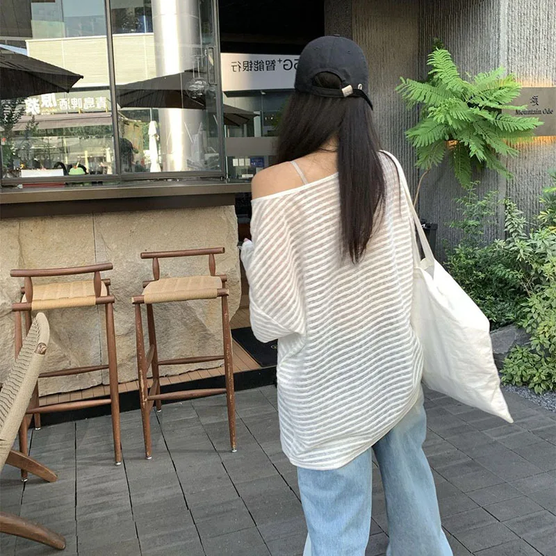 2026 Summer New Striped Off Shoulder T-shirt Woman Harajuku Streetwear Long Sleeve Sun-proof Tees Sexy Perspective Tide Y2K Tops