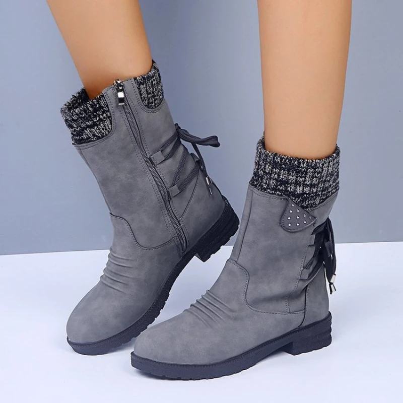 Botas Vintage plisadas con correa de tacón grueso y tubo mediano para mujer, Otoño e Invierno