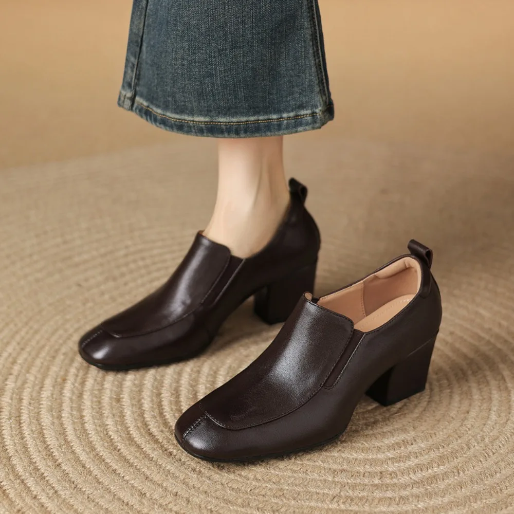 Autumn New Style Ladies Loafers with Square Toe Slip-on Luxury Design High Heels Genuine Leather Women's Shoes Office Wear