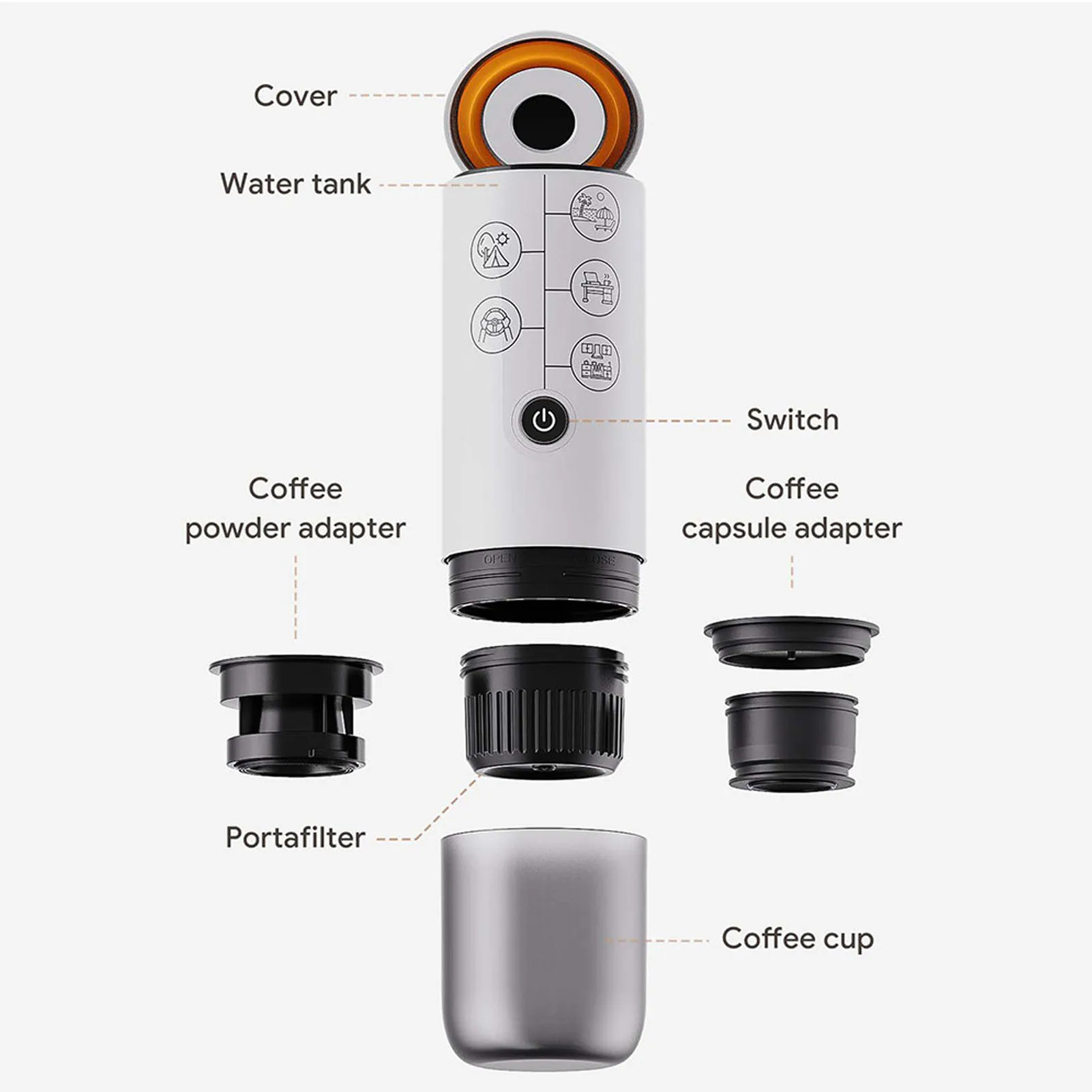 Портативная кофеварка, электрическая кофемашина под давлением 17 бар для путешествий на открытом воздухе, отсек для порошка и капсул