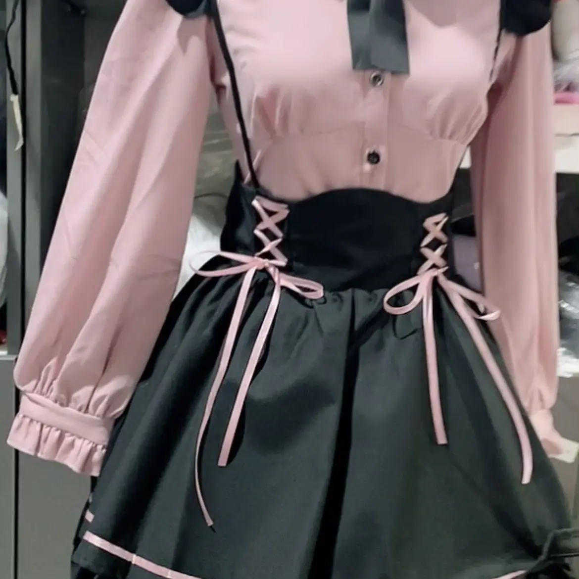 Dophee Original Japan Style Cute Bow Pink Long Sleeve Shirt Elegant Top Women Subculture Y2k High Waist Black Suspenders Skirt