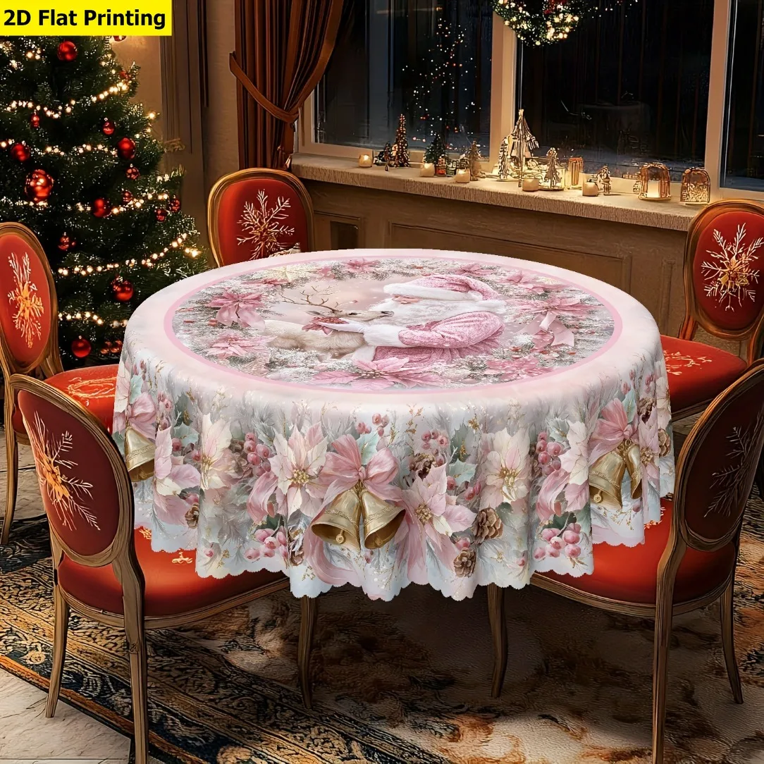 2DFlat Tableloth Christmas Theme, 1pc Sweet Pink Christmas Round Tablecloth with pink Santa and Elk print on the pink tablecloth