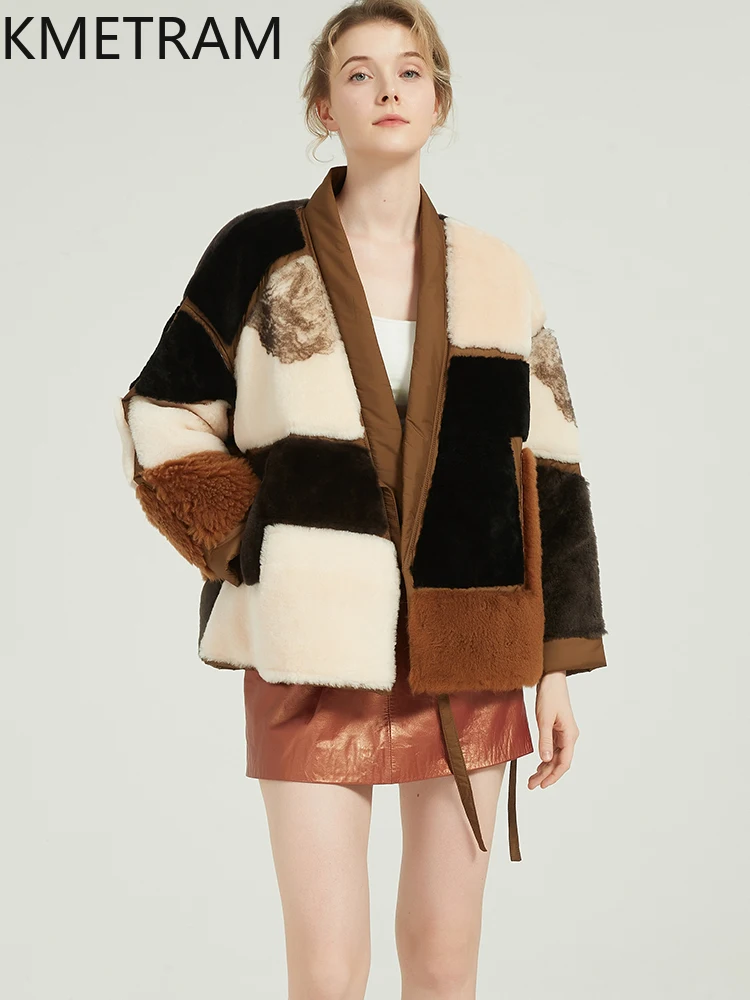 KMETRAM جلد الغنم الحقيقي مع الصوف المرفقة معاطف الفرو امرأة الدفء فضفاضة المرأة الشتاء سترة 2025 ملابس القهوة القصيرة7]