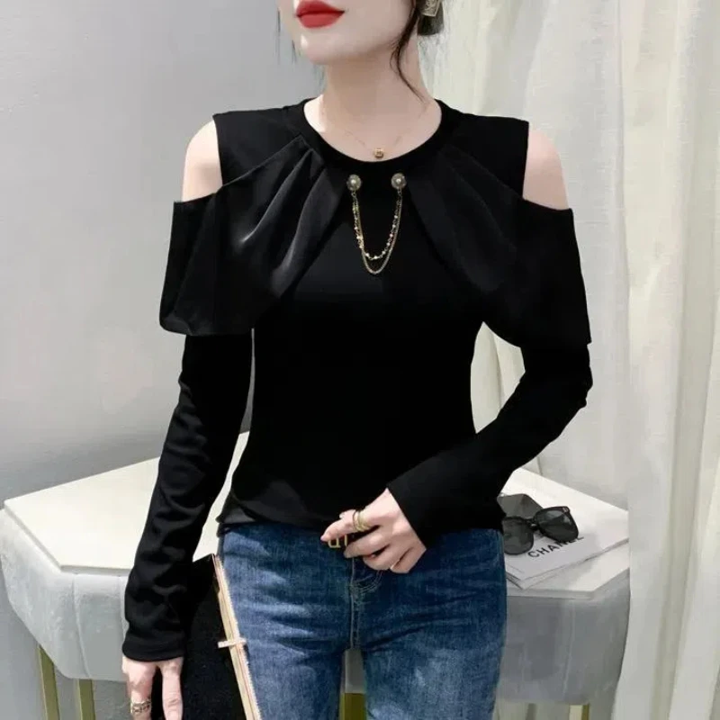 Spring Autumn Long Sleeve Off Shoulder Bottoming Shirt Hollow Out Slim Temperament T Shirt Tops Fashion Elegant Women Clothing