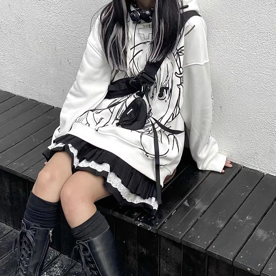 HOUZHOU Khu Goth Gothic Ren Xù Mini Váy Nữ Bông Tai Kẹp Cổ Tích Grunge Đen Váy Xếp Ly Nhật Bản Lolita DẠO PHỐ