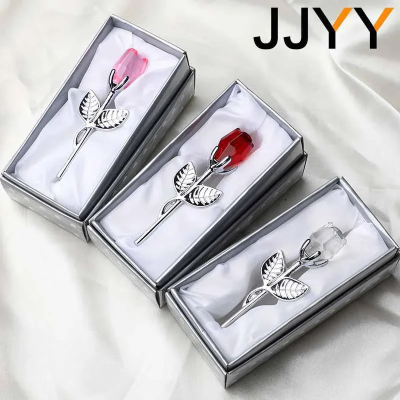 Glass Rose Mini Crystal Flower Artificial Flowers Room Ornament Office Desktop Decoration Wedding Party Valentine\'s Day Gift 1PC