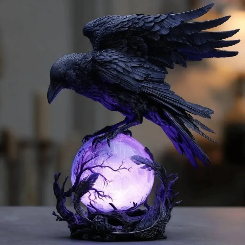 Violet Glow Raven's Moonlight LED Lamp Glowing Orb Spooky Gothic Raven Lamp Hollow Design Ravens Crow Table Lamps