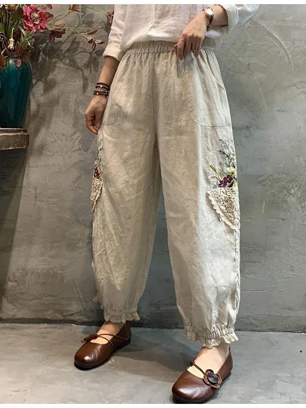 Cotton Linen Pants for Women 2024 Autumn Green Bloomers Capri Pants with Embroidery Harem Trousers High Waist Soft Lantern Pants