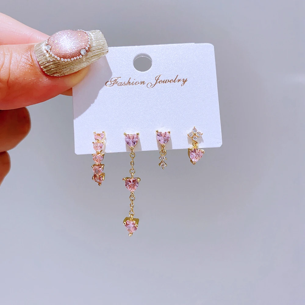 New In 4pcs/set Mix and Match Heart Stud Earrings for Women Girls Gold Color Pink Cubic Zircon Jewelry