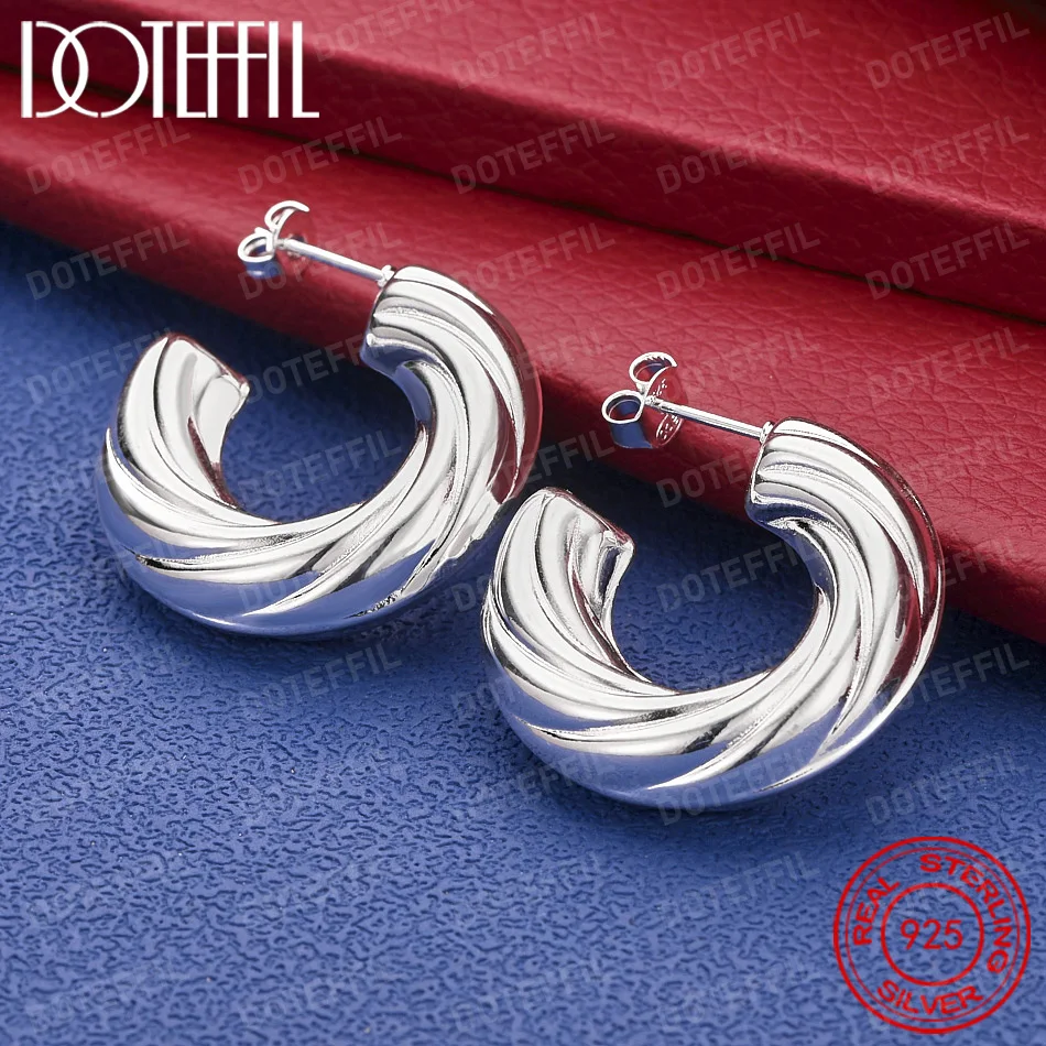 925 Sterling Silver Delicate Spiral Twisted Fat C Stud Earrings for Women, Elegant Jewelry for Parties and Weddings