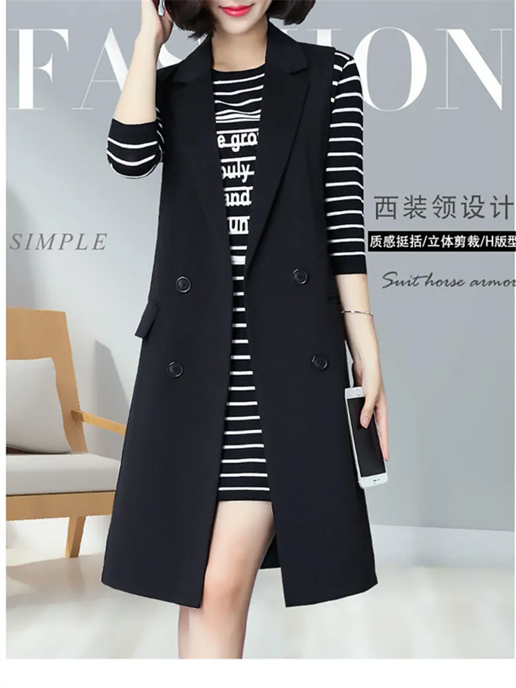 جديد المرأة منتصف طول صدرية الكورية ربيع الخريف جاكيت بلا إكمام الإناث سترة سوداء ملابس خارجية مزدوجة الصدر أبلى