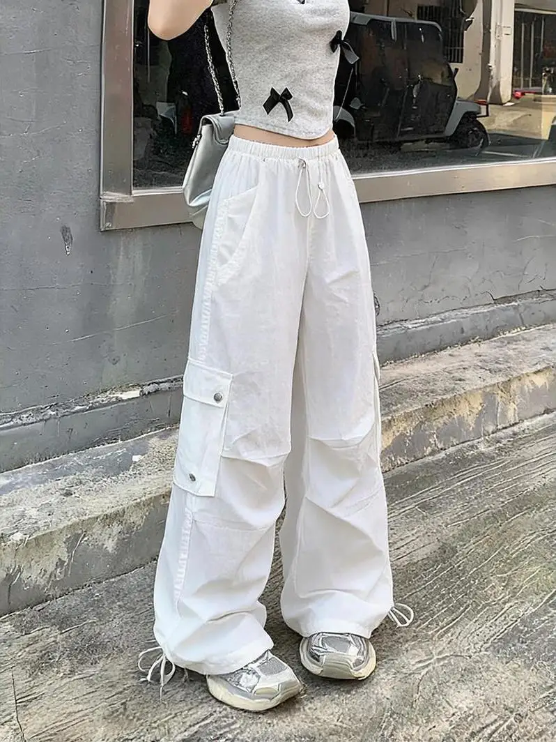 

American Design Loose Wide Leg Casual Pants Women Summer New High Waist Sweet Cool Trousers Drawstring Floor-Length Pants