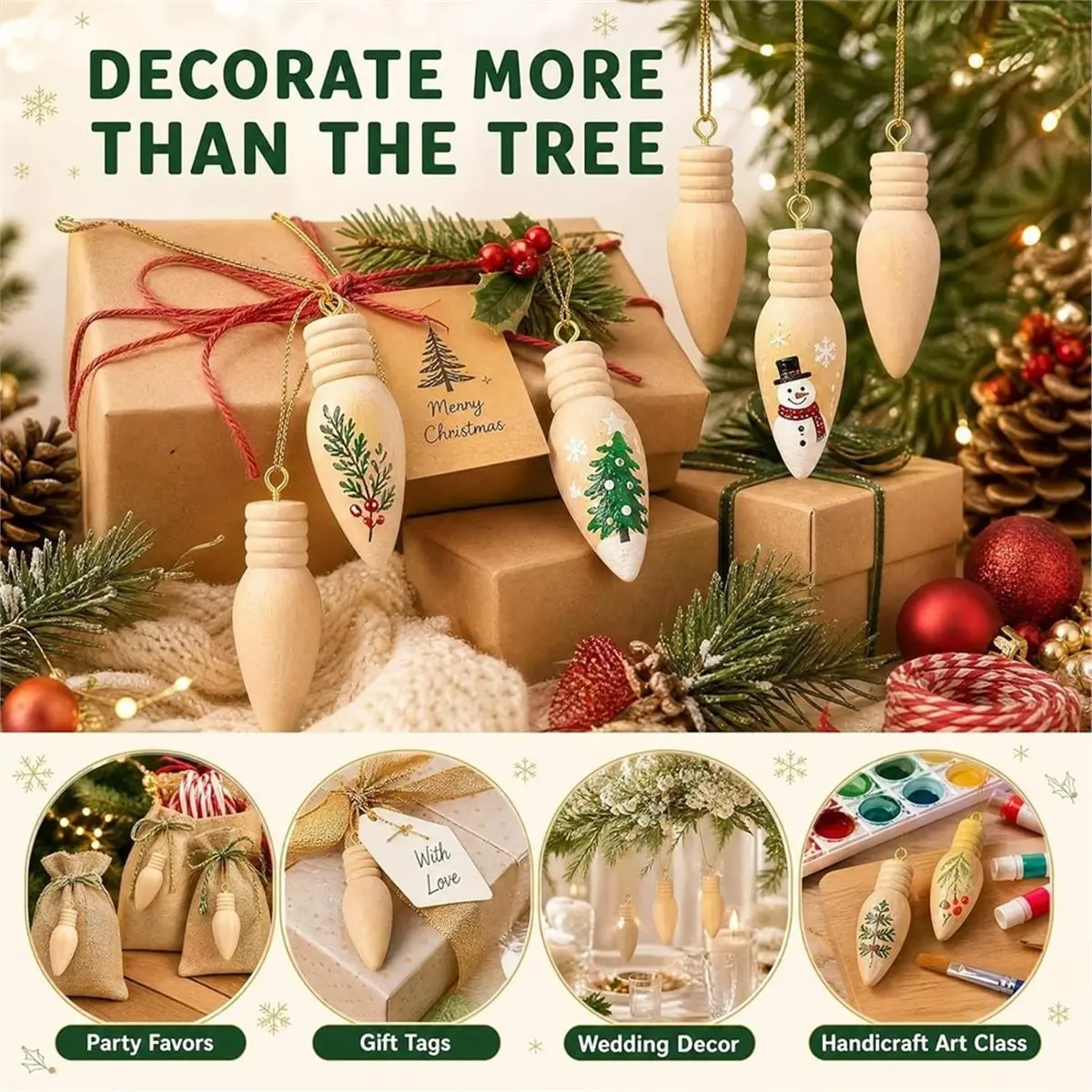 【HOT A88T】 20Pcs Unfinished Wooden Light Bulb Ornaments Set Blank Wood Christmas Tree Hanging Decor for DIY Painting Craft