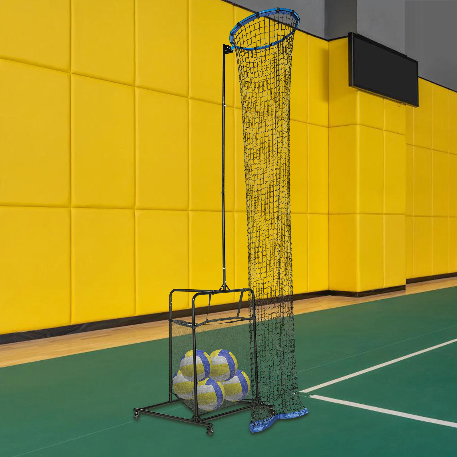 Volleyball Training Net Volleyball Setter Trainer Net Adjustable Angles and Height with Ball Collection Bag, 4 Wheels