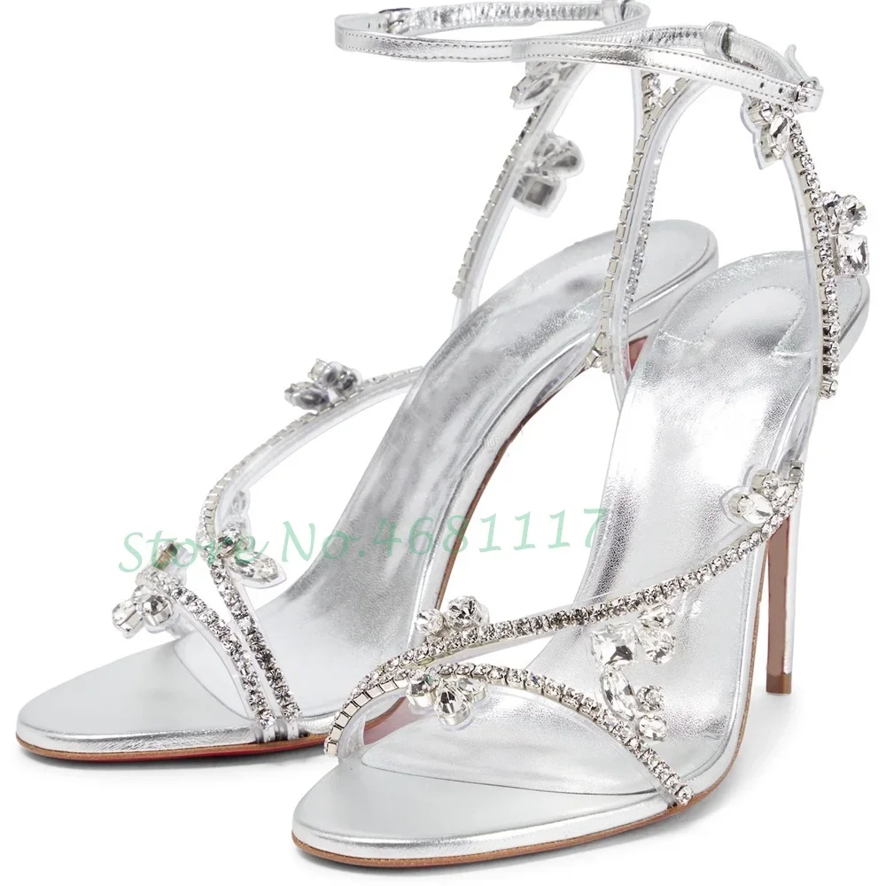 Colorful Crystal Luxury Heels Sandals Patent Leather Women Purple Cross Strap Trending Sandals Ladies Party Evening Summer Shoes