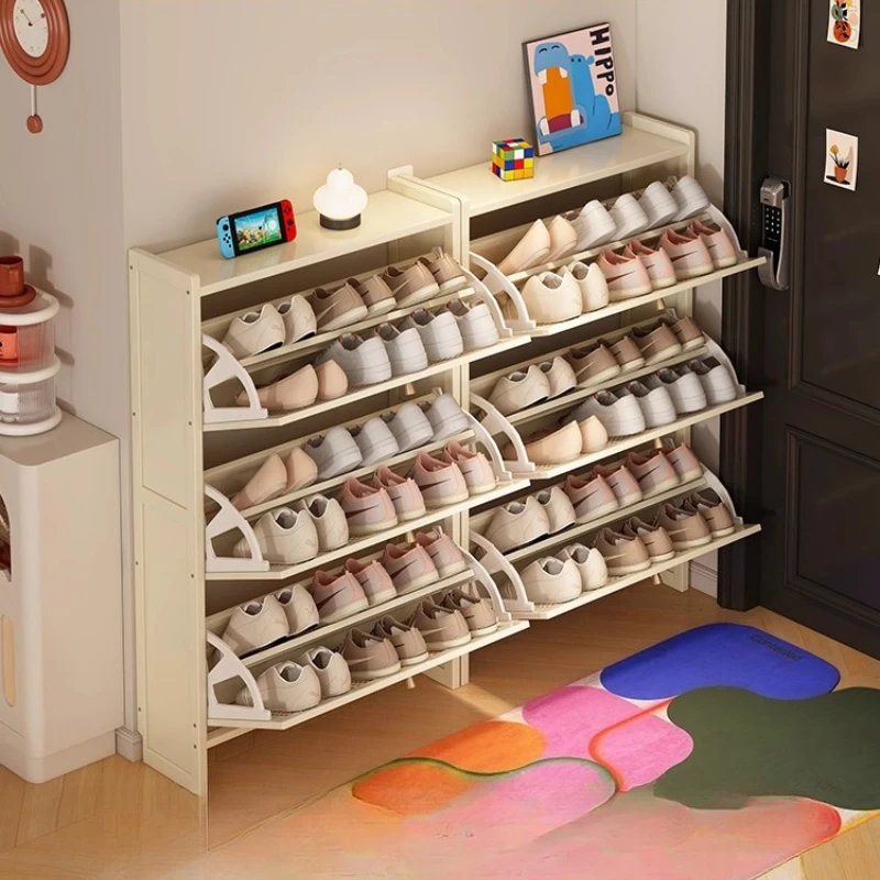 

Тонкий шкаф для обуви в прихожей, бамбуковый органайзер с откидной дверью, просторная многоуровневая стойка, современное хранилище на входной двери