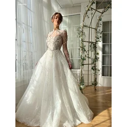 Amanda Customized Appliques Pearl Cut-out Ball Gown Prom Dresses Floor-Length vestidos de noche Mesh Long Sleeves Formal Evening