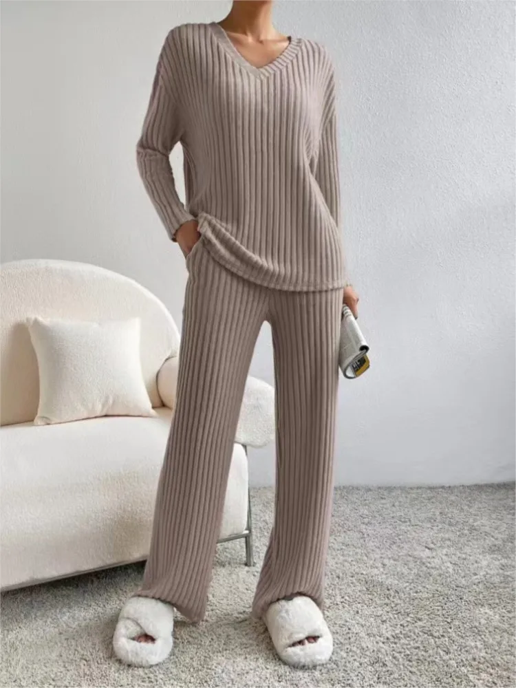 2023 Autumn Winter Loose Casual V Neck Pit Stripe Knitted Set Fashion Solid Long Sleeve Top Straight Tube Pants Two Piece Sets