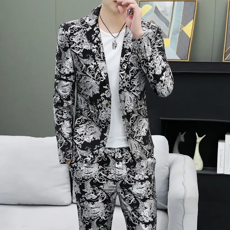 White Stamp Printed Man Suits and Blazers Single Breasted Jacket for Men Coats Summer Classic Spring Clothes Menswear Clothing