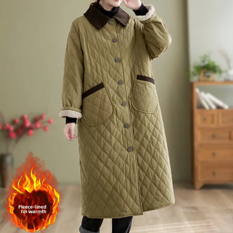 

Thiened Fce длинное хлопковое пальто с ромбовидным узором, женское зимнее свободное пальто больших размеров, повседневное хлопковое пальто, теплое ретро Sle