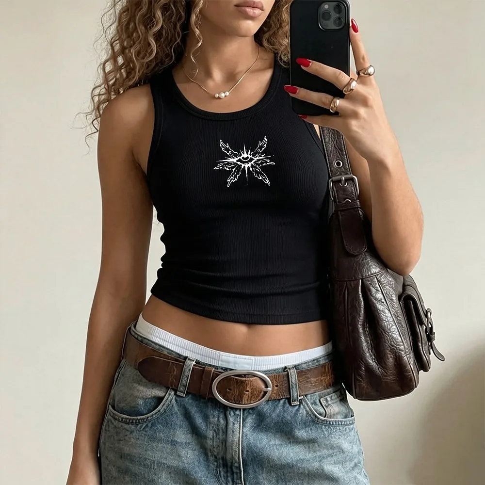All Seeing Eye Dark Gothic Tribal Graphic Camisole Ribbed Tank Top Crop Y2k Top Ladies Sleeveless U Neck Bodycon Cropped Vest