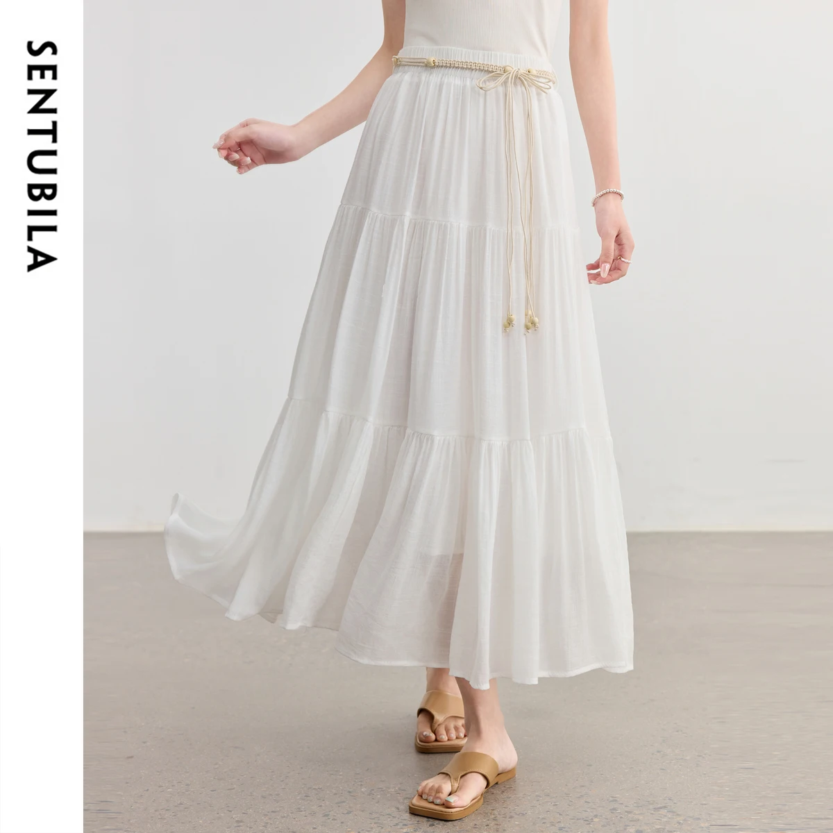 

SENTUBILA Women's Layered Skirts Summer Long White Pleated A Line Midi Skirt 2025 New Collection Elegant Boho Clothing W52QA2340