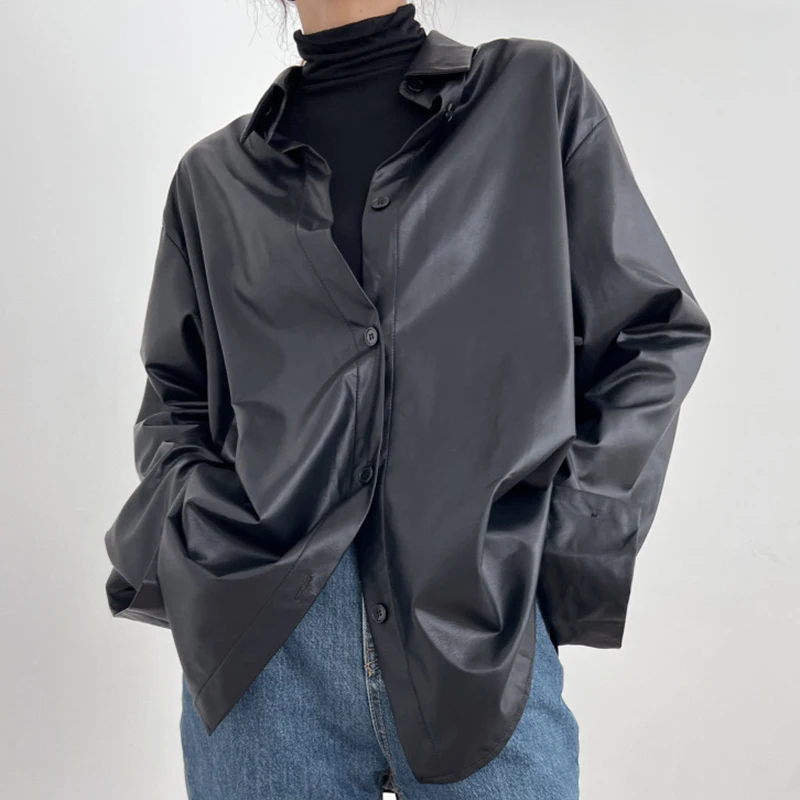 

Шикарная винтажная женская блузка из искусственной кожи с длинным рукавом, свободного кроя, с отложным воротником, для повседневной носки, осенняя мода, однотонный дизайн